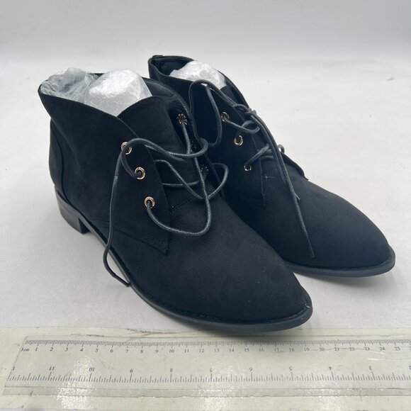 Black Low Heel Pointy Toe Lace Up Chukka Ankle Boots Fall Winter Booties - Picture 4 of 8